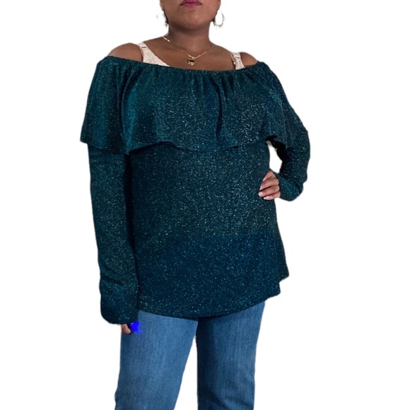 Blue Sparkly Off the Shoulder Long Sleeve Top - Picture 7 of 7